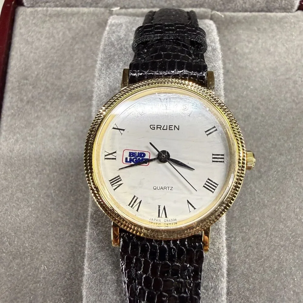 Vintage Gruen Bud Light Watch Quartz Japan Stainless Steel Brand New In Box Thin